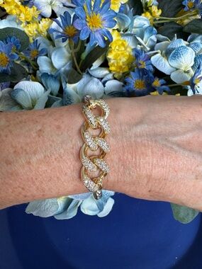 Two Tone White & Yellow Gold Link Bracelet with Pave Crystal Accents